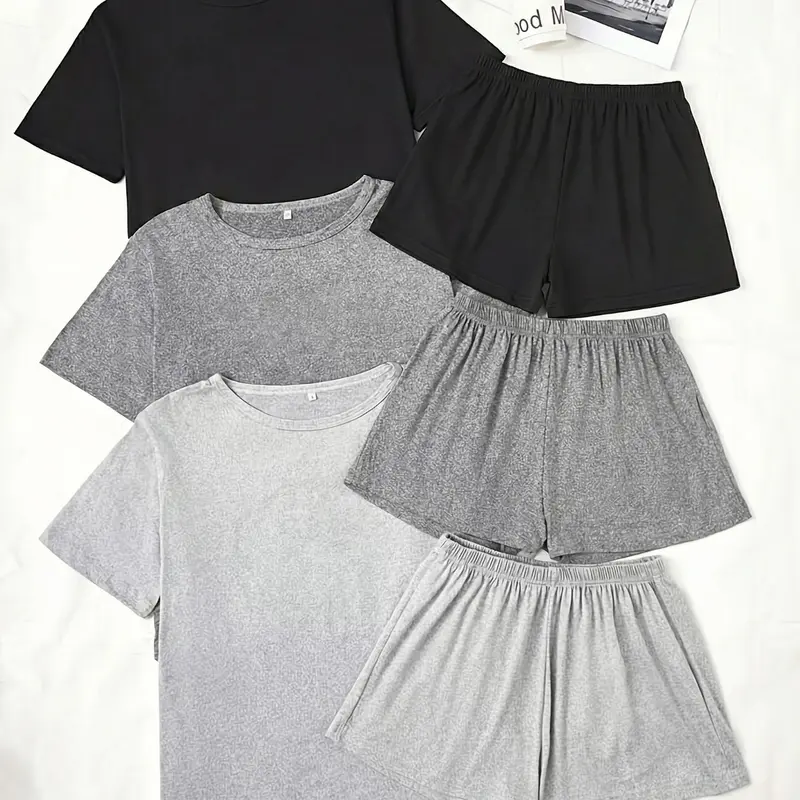 Women's Three-Piece Solid Color Short Sleeve Shorts Sleepwear Set, Casual Pajamas Set, Lounge Pjs Set, Comfortable Casual Loungewear, All Seasons Nightwear, Perfect for Home Relaxation
