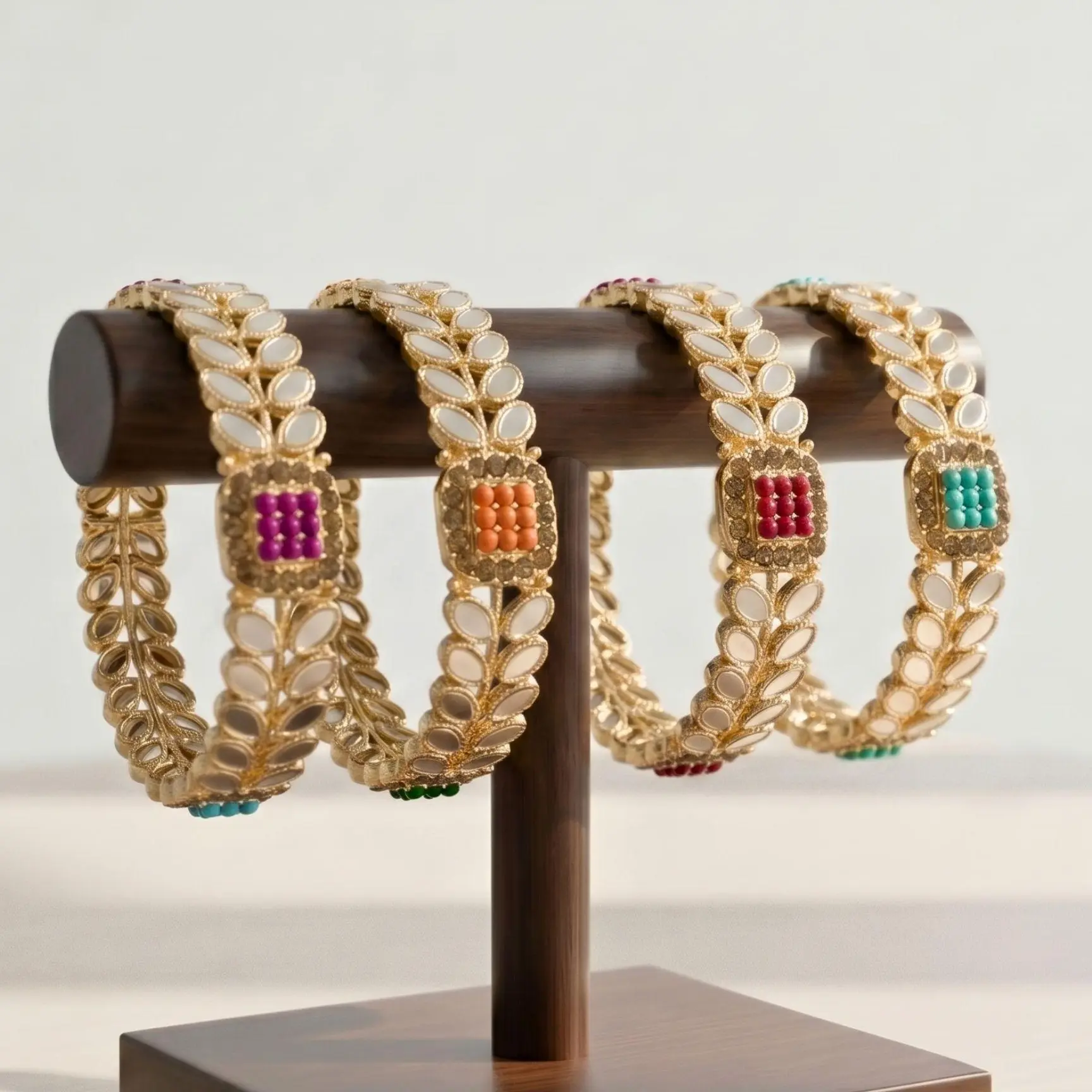 Mirror Kundan Bangles Set 4 Piece Traditional Indian Pearl Jewelry Gold Tone