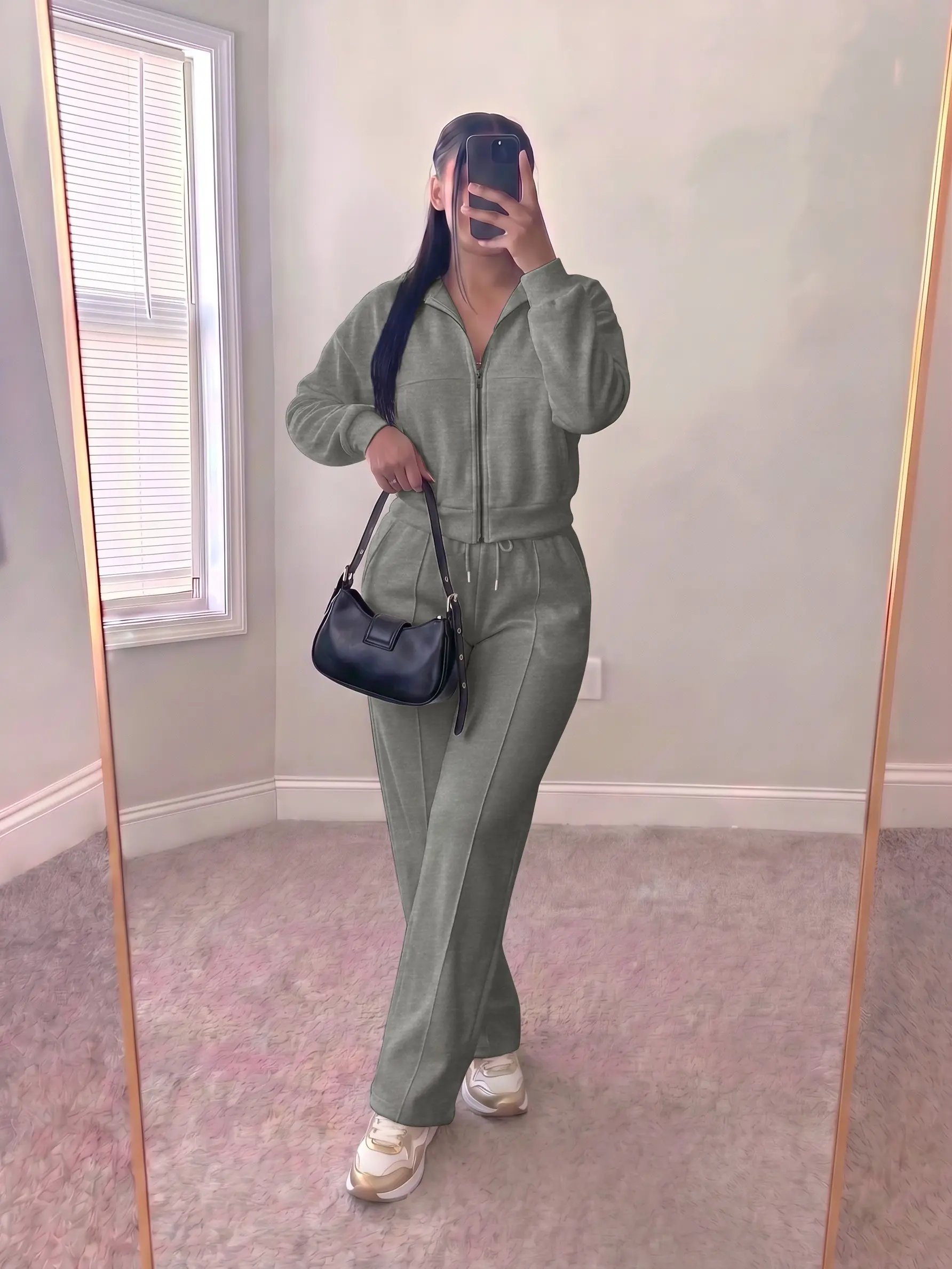 USBOUTIQUE CHIC Women's 2026 autumn and winter Slim Fit Two Piece Set Zip-Up Top & High Waist Pants Stretchy Outfit