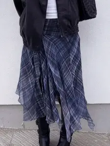 Women's Summer Fashion Asymmetrical Hem Blue Plaid Midi Street Fashion Skirt, High Waist A-Line Zipper Side, Casual Streetwear Skirt Versatile Daily Wear Womenswear