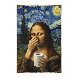 Mona Lisa Bathroom Metal Sign Funny Vintage Toilet Wall Decor Nose Pinching Stink Humor Da Vinci Inspired Rustic Metal Plaque【20*30cm/8*12inch】