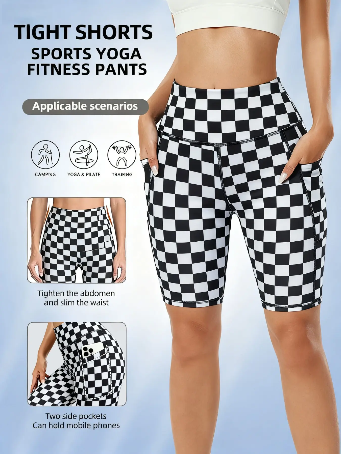 Women's Plaid Print Tight-Fitting Gym Yoga Shorts, Two Pockets, Casual Summer Wear, Comfortable and Stylish Women's Plaid Print Tight-Fitting Gym Yoga Shorts, Two Pockets, Casual Summer Wear, Comfortable and Stylish