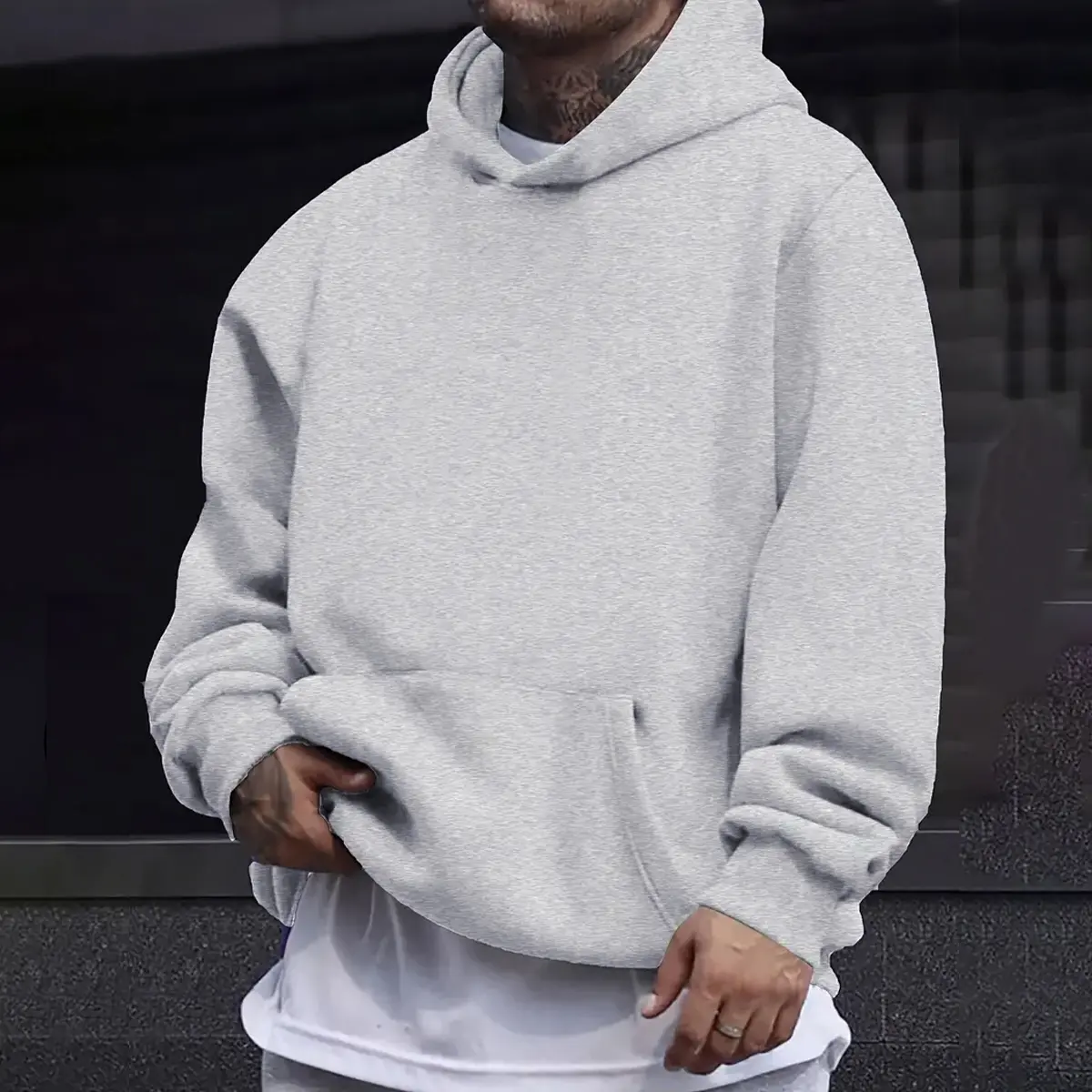 Men's Fitted Polyester Long-Sleeve Athletic Hooded Sweatshirt - Plain Cozy Windproof Hoodie with Pockets, Athletic Men's Hoodies for Outdoor Sports, Commuter Use
