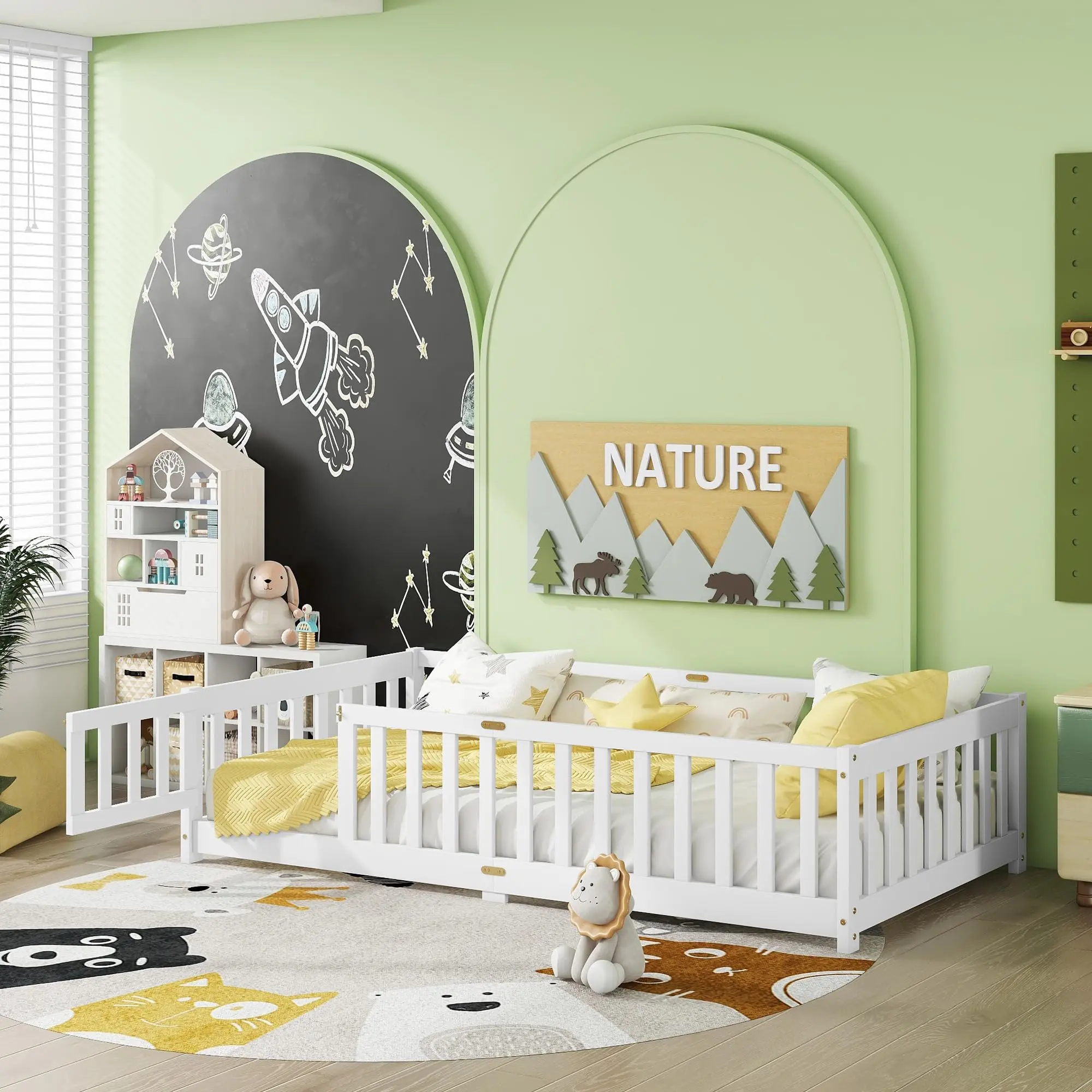 AURNIENOFUS Twin Size Pine Montessori Floor Toddler Bed for Boys - Kids Furniture Bedroom, Fence Railings, Door, Slat Support, No Box Spring Required, Assembly Required, 77"l x 41.5"w x 17.5"h, Espresso Playhouse Bed Frame