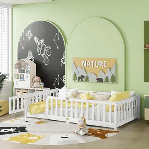 Twin Size Floor Bed for Kids, Wood Montessori Floor Beds with Fence Railings, Door & Slats Support, Twin Playhouse Bed Frame for Boys Girls, No Box Spring Needed, White