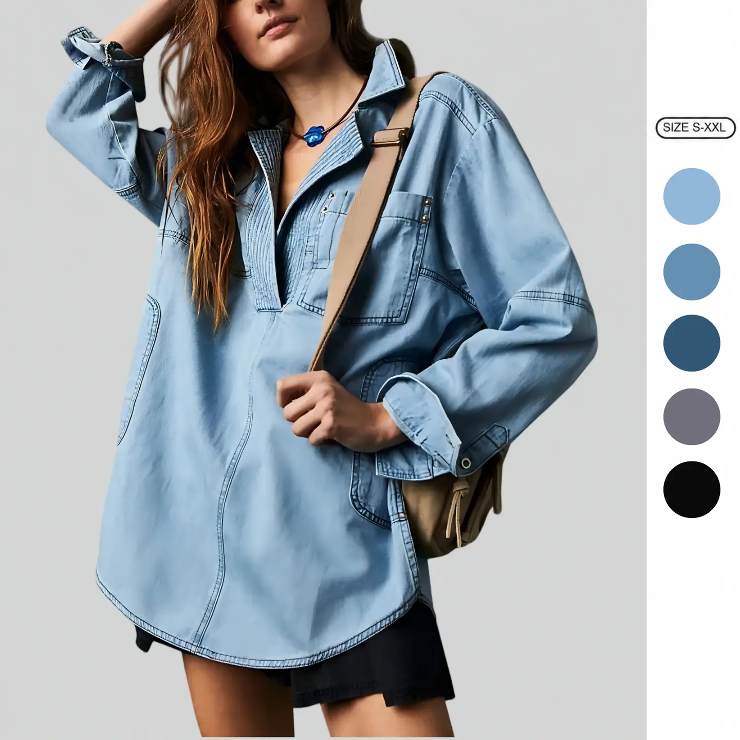 Imily Bela Women's Denim Pullover Casual Notch V Neck Blouse Long Sleeve Jean Jacket with Pocket