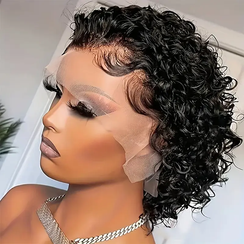 Pixie Cut Human Hair Wigs Short Curly Cheap Remy Hair 13X1 Transparent Lace Frantal Human Hair Wigs For Black Women Natural Black/99J Colored Wig