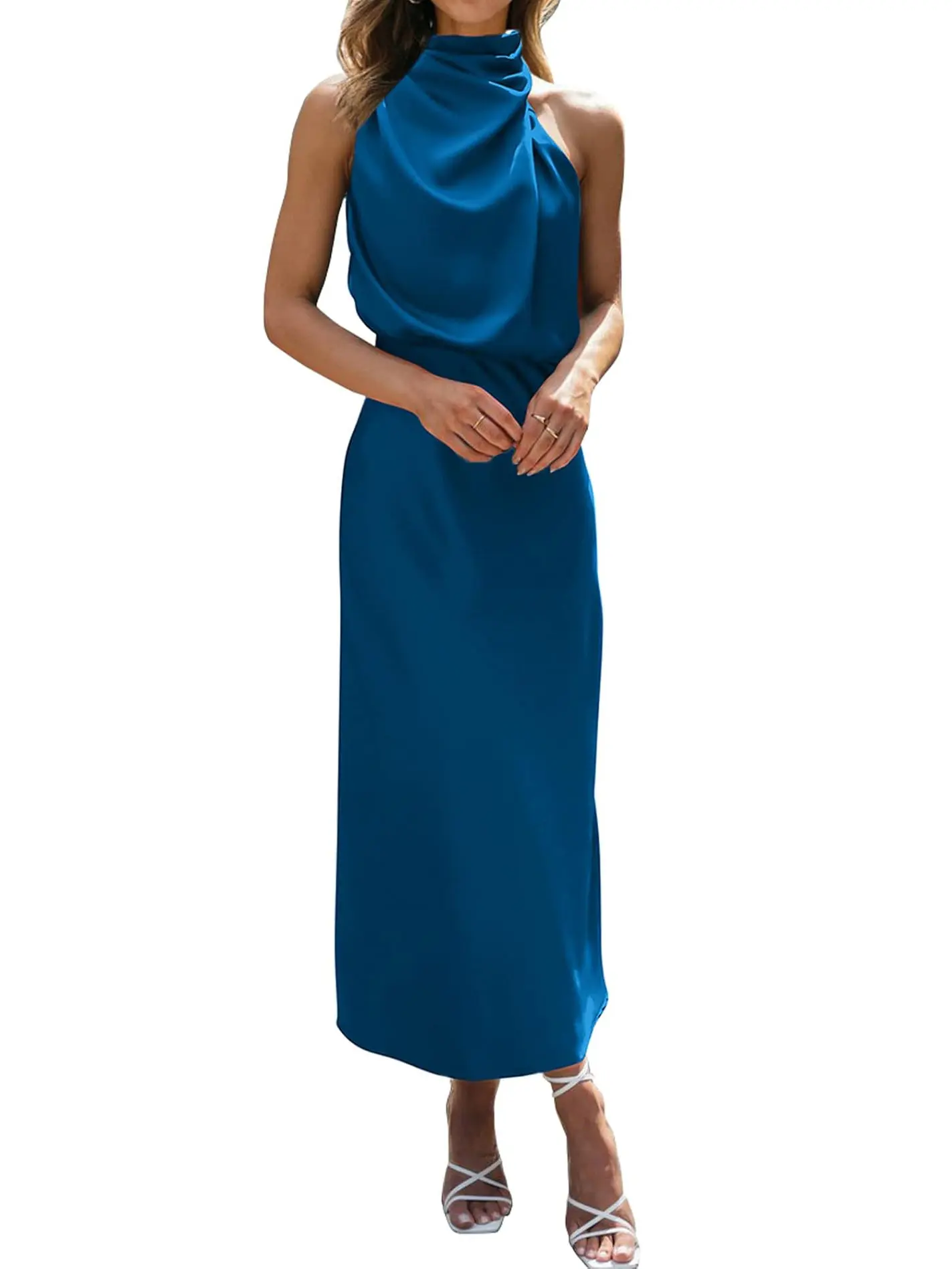 BTFBM Womens Sleeveless Cocktail Dresses Mock Neck Keyhole Elastic High Waist Evening Party Maxi Wedding Guest Dress