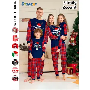 Family Christmas Pajamas Set, Top with Merry Christmas Print & Plaid Pants, Soft & Skin-Friendly, Cozy Home Wear