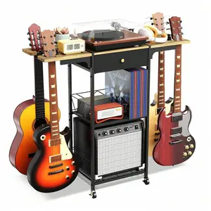 Black Rectangle Metal Guitar Organizer Rack, 4-Slot 2-Layer Stainless Steel Storage Holder, Durable Construction, Smooth Wheels, Portable Easy-to-Move Design for Modern Music Spaces