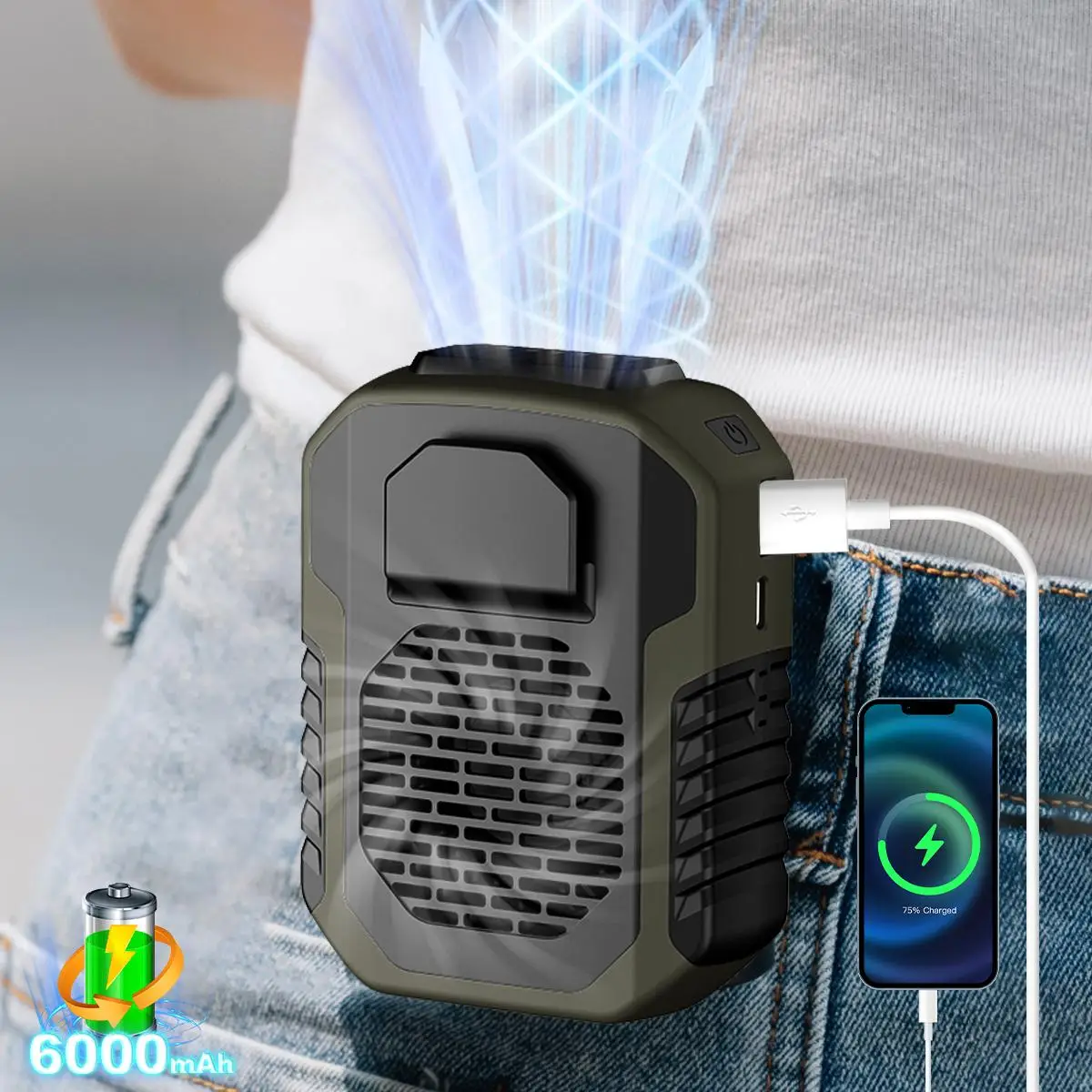 USB Rechargeable Outdoor Small Fan, 3-speed Adjustable Hanging Neck & Waist Design Cooling Fan, Multifunctional Portable Fan for Outdoor Camping