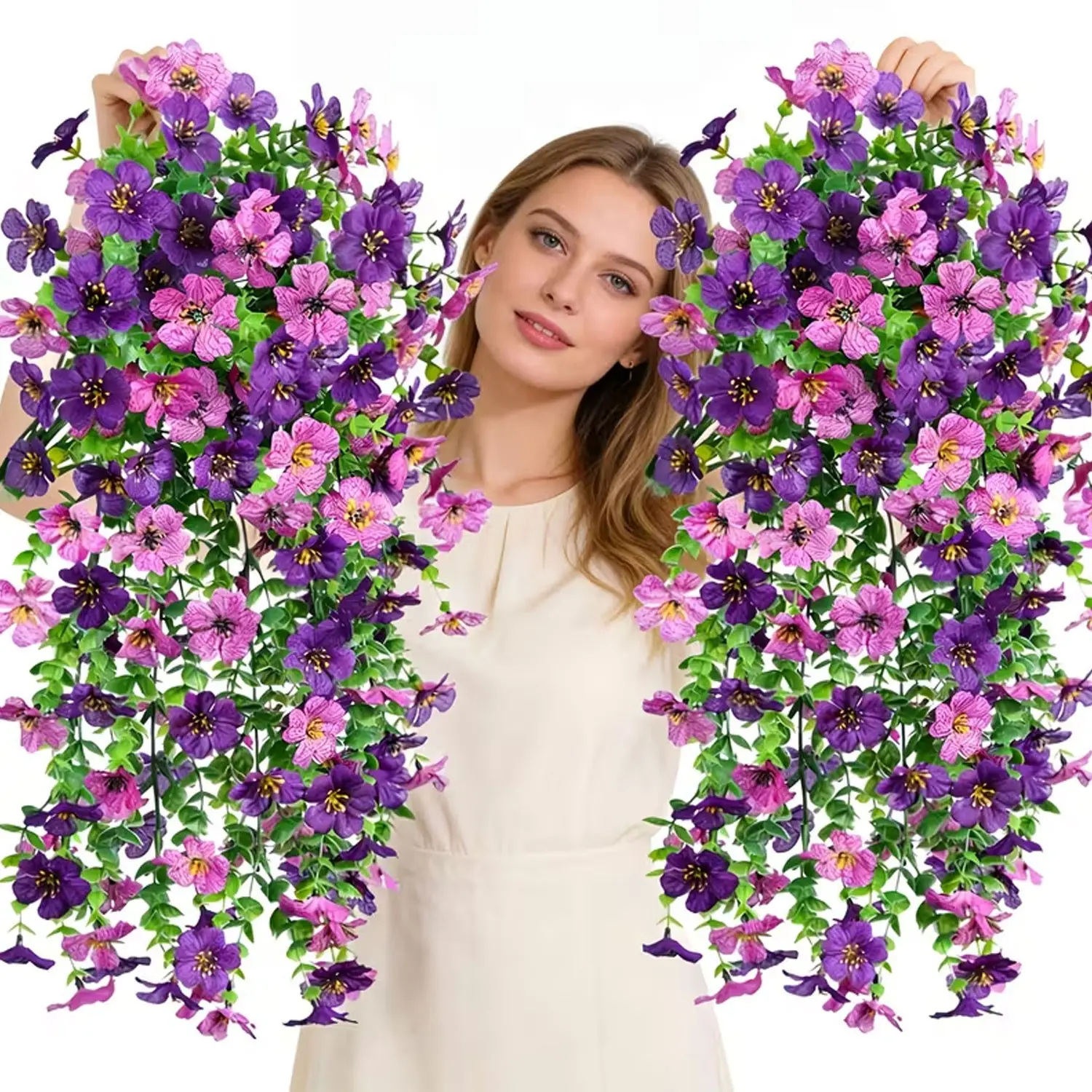 4-piece Bohemian-style faux hanging flower wreath set, Artificial fake flowers, featuring UV-resistant faux daisies and violets - made of durable plastic, suitable for outdoor decoration, for weddings, gardens
