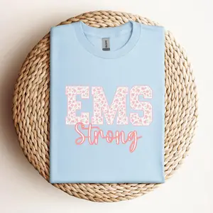 [100% Cotton] EMS Strong T Shirt, Floral Varsity EMS Tee, Cute First Responder Graphic Shirt, Pink Aesthetic Medical Letter Print Short Sleeve Tee, EMS Week Gift For EMT Women Paramedic Girls