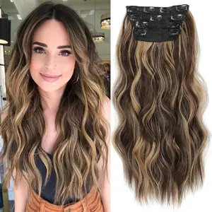 Clip in Hair Extensions 20 Inch  Long Wavy Medium Brown Mixed Honely Blonde Highlight Hair Extensions Double Weft Synthetic Hairpieces for Women