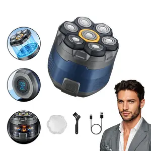 Electric Shaver Beauty Set, Bald Head Groin Trimmer, 6 Magnetic Blades, Men's Electric Rotating Hair Trimmer, Battery Powered, Low Power Consumption