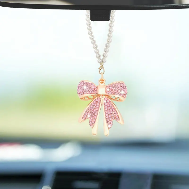Rhinestone Decor Bowknot Design Car Hanging Ornament, Car Rearview Mirror Hanging Decoration, Car Interior Decoration Accessories for Women & Girls, Car Interior Ornaments, Car Accessory, Car Accessories Cute, Girly Car Accessories, Car Decor Gift