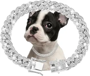 Silver Dog Chain Collar Diamond Cuban Link Dog Collar 13mm Wide Dog Necklace Metal Cat Chain Pet Crystal Collar Jewelry Accessories for Small Medium Large Dogs Cats(16inch)