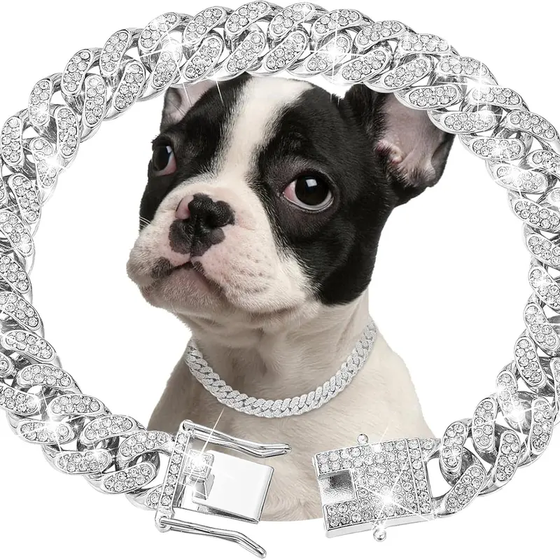 Silver Diamond Cuban Link Dog Collar - 13mm Wide, 16/18/20 Inches, Cool & Outstanding Hiphop Pet Neck Jewelry, All Seasons Accessory for Small/Medium/Large Dogs (Birthday Gift Option)