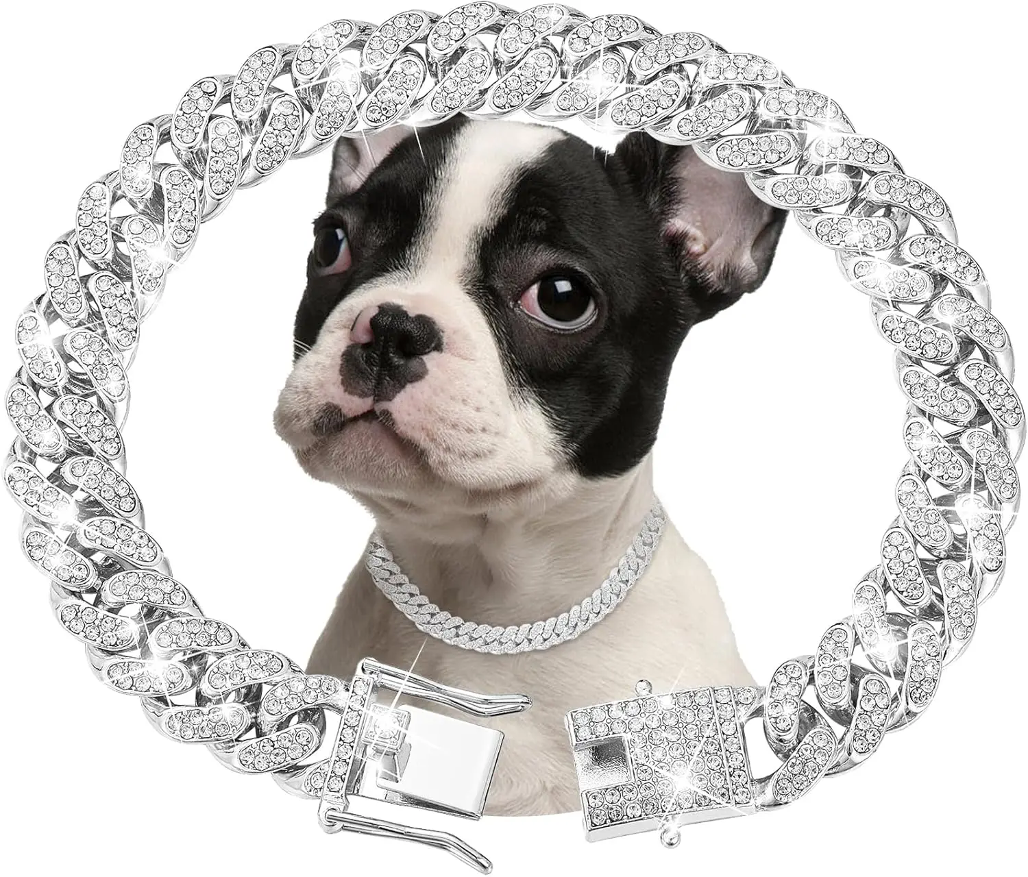 Silver Dog Chain Collar Diamond Cuban Link Dog Collar 13mm Wide Dog Necklace Metal Cat Chain Pet Crystal Collar Jewelry Accessories for Small Medium L