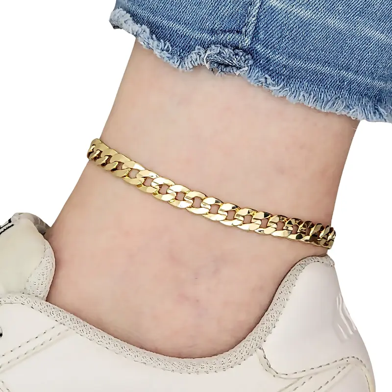 BA Unique Fashion Gold Electroplated Concave Cuban Chain Ankle Bracelet - Petite Size to Plus Size- Made in Korea