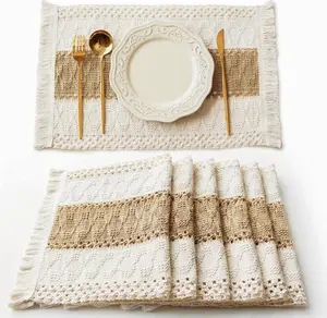 Boho placemat set of 6, handmade macrame farmhouse table mats, natural cotton and burlap woven placemats with tassels for dining tables, kitchen decor, weddings, parties, and home decoration, summer vibes tiktokshopspringglowup