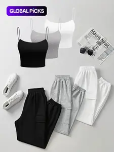Women's Fashion Knit Cami Pants Set, 6-Piece Slim-Fitting Minimalist Casual Loungewear for Spring & Fall, All-Season Wearable Style, Womenswear