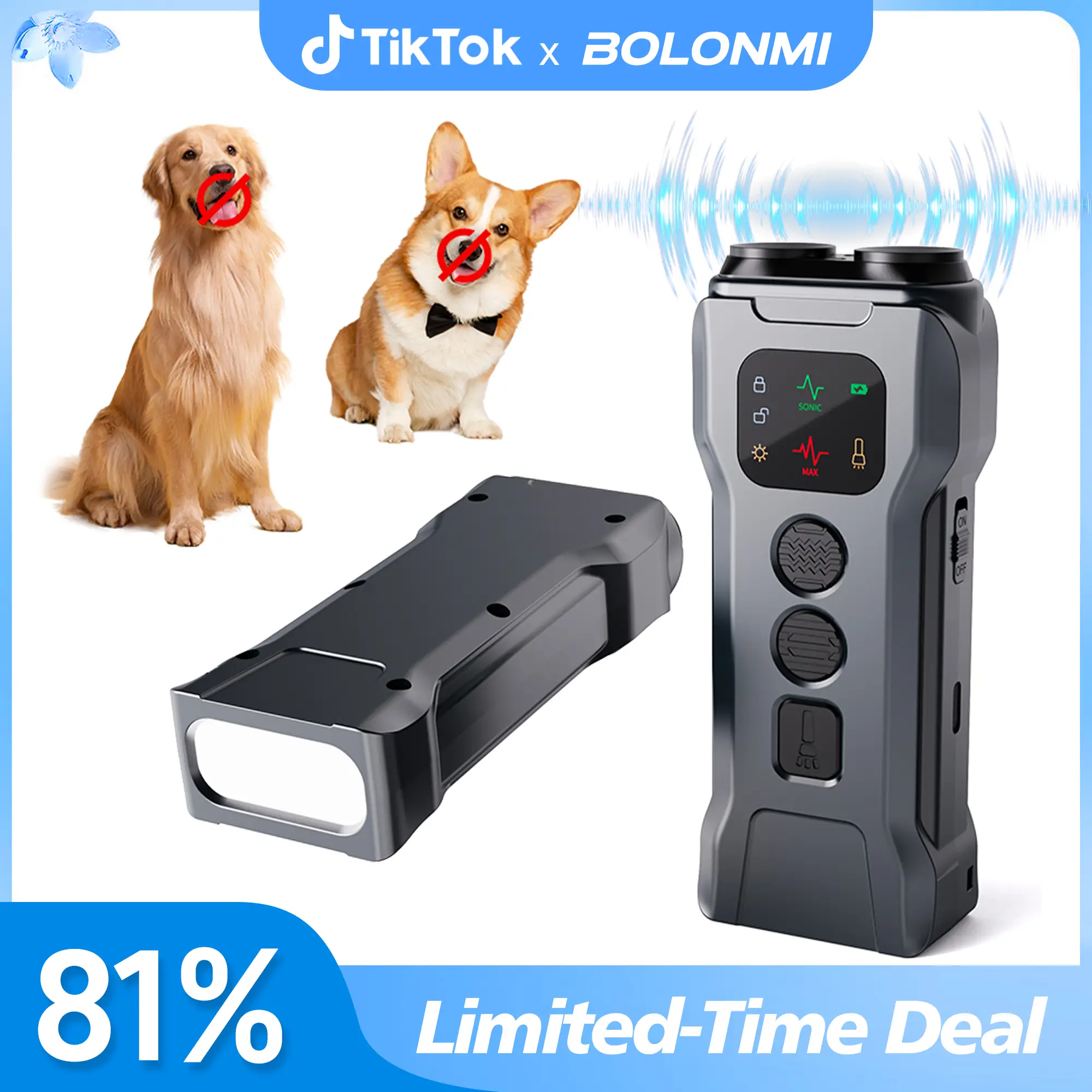 【BOLONMI】 Ultrasonic Dog Bark Deterrent Device – Anti Barking Device for Dogs, Safe & Humane Dog Training Tool to Stop Barking, Indoor & Outdoor Use,
