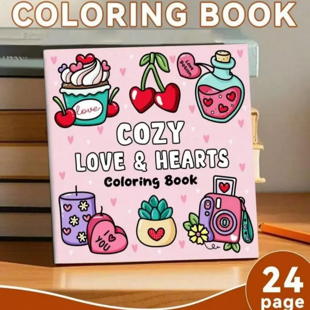 24 Pages Cute Cozy Love Coloring Pad - Bold Lines Sweet Heart & Dessert Art for Daily Stress Relief