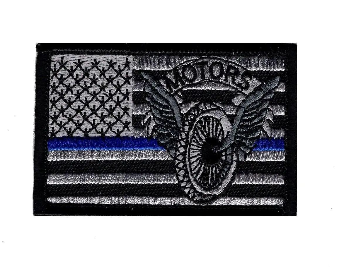 Police Law Enforcement Motorcycle Trooper Thin Blue Line USA Flag Patch (3.0 X 2.0 -Hook Fastener)