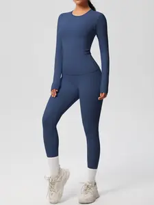 Women's Solid Color Long Sleeve Crew Neck Top & High Waist Leggings Tracksuit Set, High Stretch Casual Comfy Breathable Quick Drying Butt Lifting Sportswear Set Workout Running Clothes for Yoga Gym Workout Running, Ladies Sportswear for All Seasons