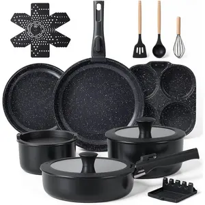 21- Ceramic Pots and Pans Set Non Stick with Detachable Handles and Egg Frying Pan,  Cookware, Induction Ready, Oven Safe, Stackable for Storage, Black Speckled