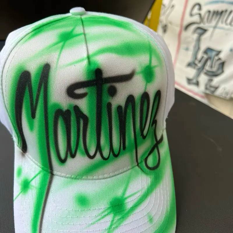 Airbrush Hat One Word - Green and White Baseball Cap with Custom Name Design