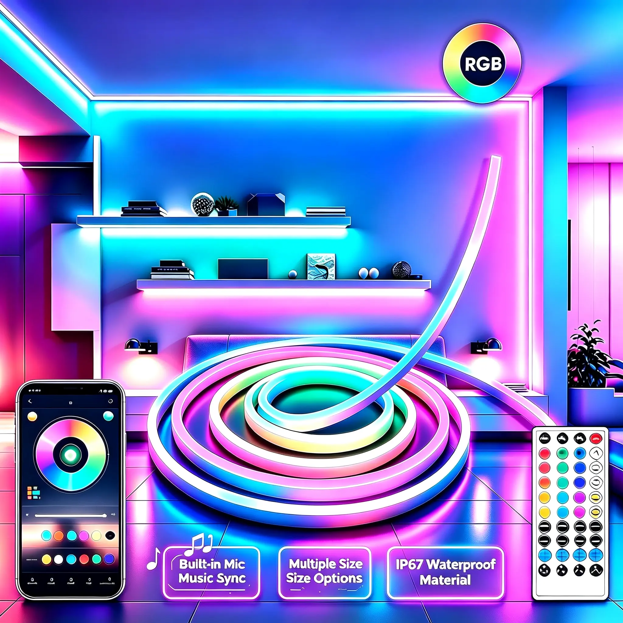 RGB Neon Rope Light, Flexible LED Neon Strip Lights with App & Remote Control, Music Sync Color Changing, IP67 Waterproof Cuttable LED Rope Lights for Bedroom, Gaming Room, Indoor & Outdoor Decor,  Rgb Led Effects Ambient Led Lighting
