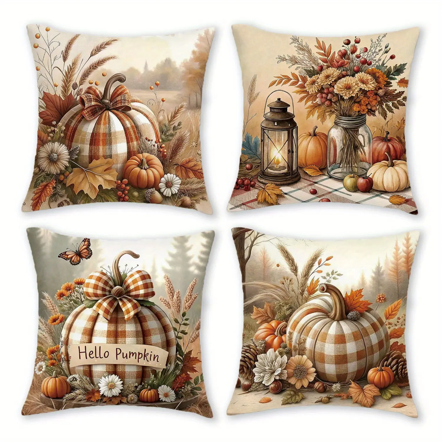 4pcs Plaid Pumpkin Pillow Covers, Cushion Covers For Couches And Sofas, Seasonal Decor for Living Room, Patio, Sofa - Autumn Harvest Decor, Single-sided Printing Without Pillow Core