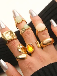 Stackable Gemstone Rings Set, Fashionable Versatile Design, Moonstone Irregular Wide Band Ring for Women, Ideal for Daily Wear and Vacation