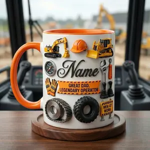 Heavy Equipment Operator Dad Mug 2D Printed 3D Effect, Custom Name Coffee Cup with Excavator Construction Design for Operator Fathers, Dads and Workers, Perfect for Father’s Day, Birthdays, Work Anniversary, Meaningful Appreciation Gift