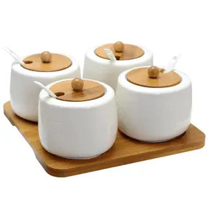 212 MAIN Ceramic Preserving Jars Set - Ceramic Material Canisters with Bamboo Lids, Serving Spoons, and Covers for Spices, Jams, Salsas (Kitchenware)