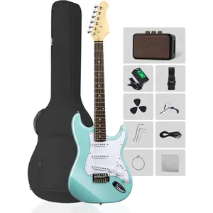 MS-CS50 Full Size Beginner Electric Guitar, 39 Inch Solid  & Maple  Guitars Set with Amplifier, SSS Pickups, Gig Bag, Pick, Tunner, Capo, , Tremolo Bars - Surf Blue