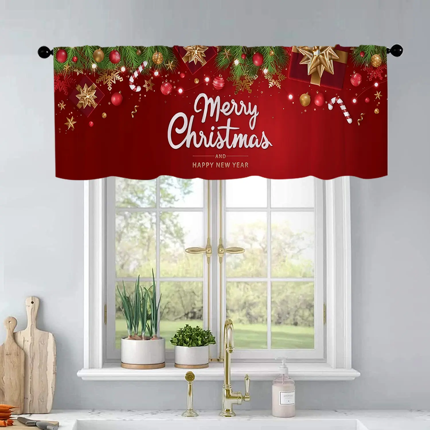 1pc Christmas and New Year printed kitchen curtains Merry Christmas and happy new year backg curtains valance window treatment living room bedroom home decor Home Decoration Curtain 54 x 18 inch