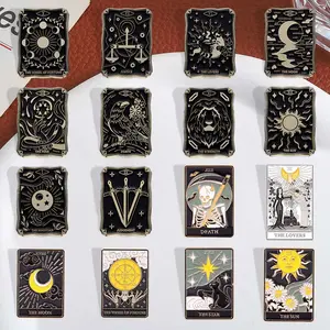 16pcs Geometric Tarot Card Brooch Bow and Arrow Hanging Man Black Poker Card Brooch Metal