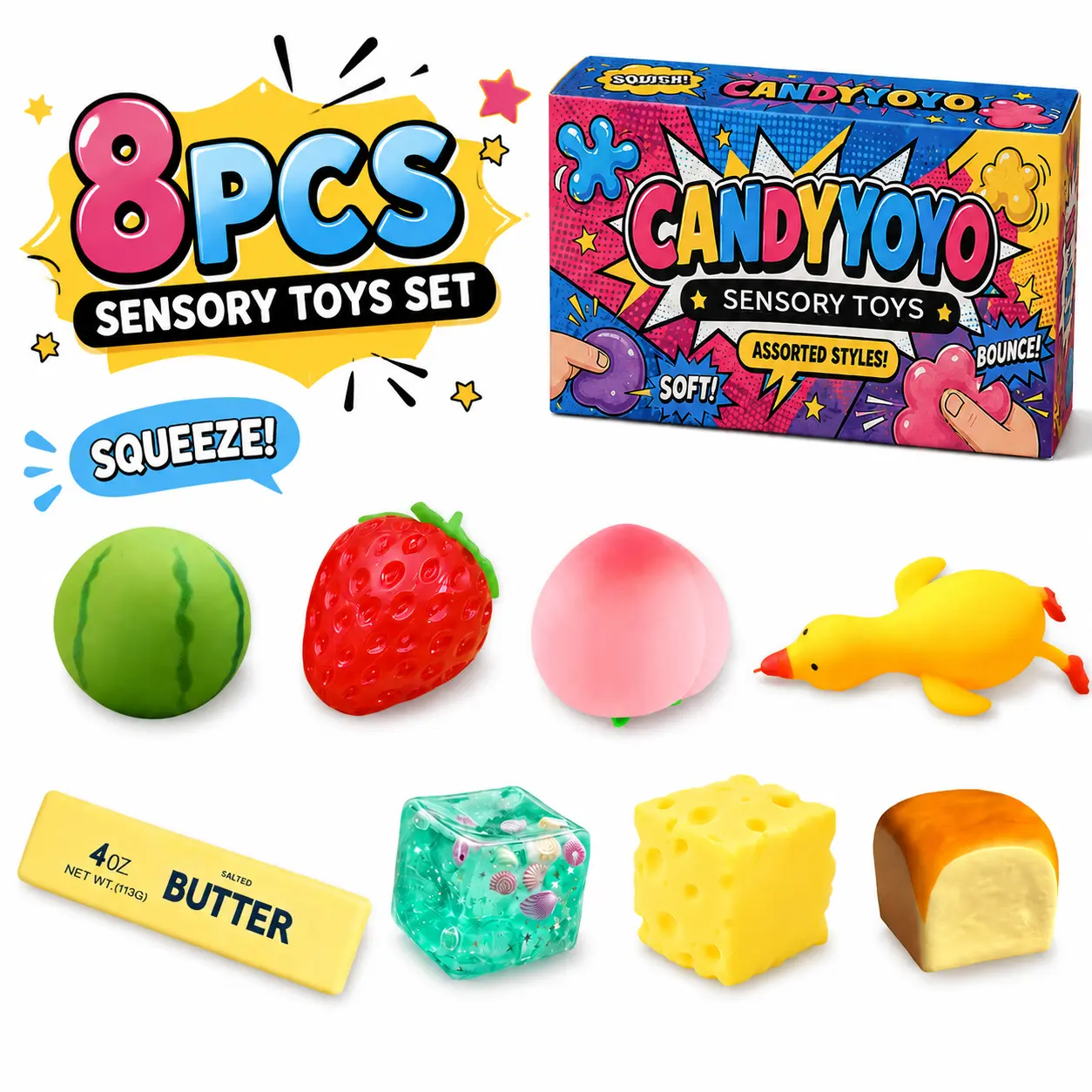 8 Pcs Assorted Squishy Fidget Toys Set, Slow Rise Texture Squishy Toy set, Soft Squeeze Sensory Stress Relief Toys, Soft sSueeze Fidget for Kids Adults Party Favors