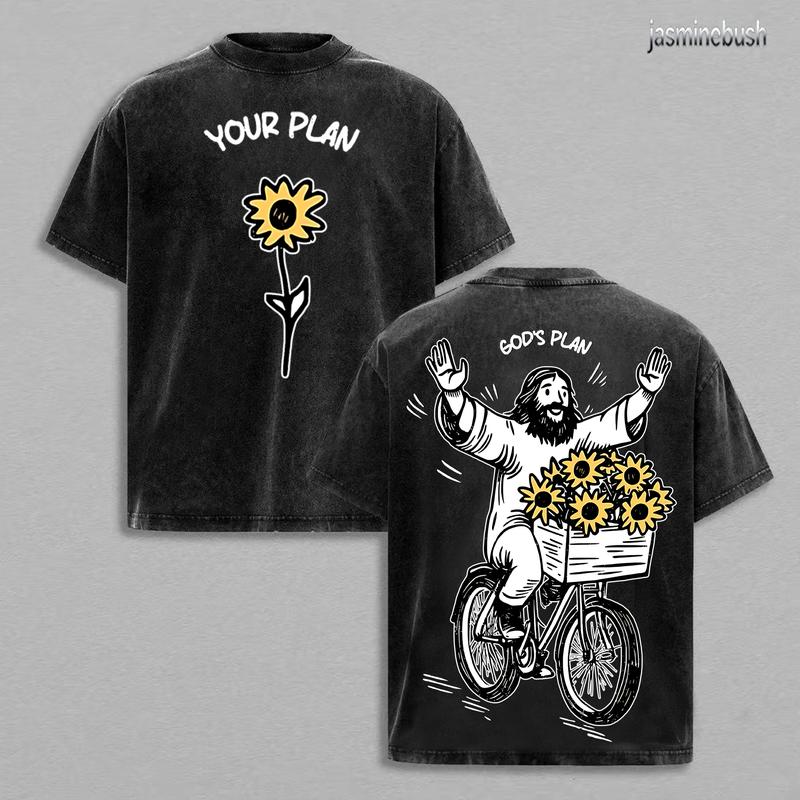 YOUR PLAN GOD’S PLAN Christian T Shirt Washed Sunflower Jesus Illustration Heavy Cotton Streetwear Faith Graphic Unisex Relaxed Fit Inspirational Religious Tee Aesthetic Merry Christmas