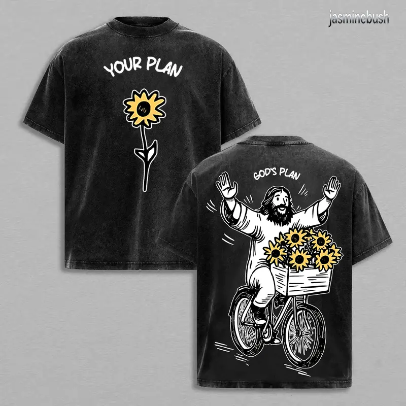 YOUR PLAN GOD’S PLAN Christian T Shirt Washed Sunflower Jesus Illustration Heavy Cotton Streetwear Faith Graphic Unisex Relaxed Fit Inspirational Religious Tee Aesthetic Merry Christmas