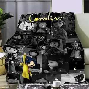 Magic Night Cartoon Blanket - Girl with Black Cat & Skeleton Boy Graphic. Funny Spooky Animation Wall Tapestry. Soft Warm Fleece for Bedroom. Unique Gift for Stop Motion Movie Lovers game day girlfriend cozy throw blanket Anime Print Comfort