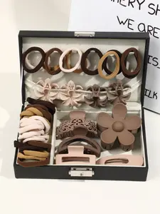 49pcs curry color hair accessories set, containing hair rings, hair clips, grip clips and other styles, using high-level color matching, soft material does not hurt hair, simple and generous design, Elastics