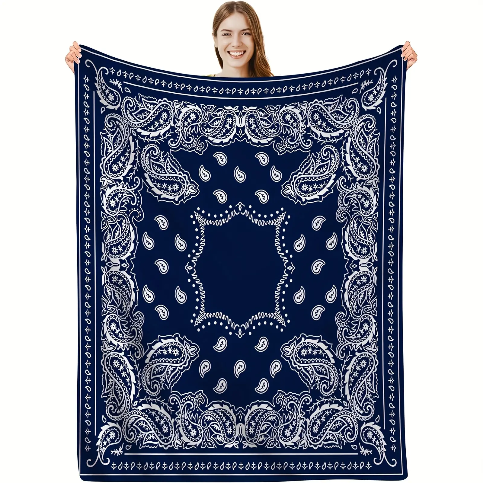 Paisley Bandana Throw Blanket - Vintage Western Cowboy Style, Soft Fuzzy Plush Comfy Cozy Boho Flannel Decor for Sofa Bedroom Dorm Couch Office Car Travel Home
