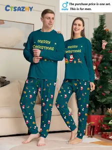 MEN/WOMEN Couple Christmas Long Sleeve Pants Homewear Pajamas Pajama Pants Set, Santa Claus Christmas Elk and Alphabet Print Elements, Crew Neck Design, Christmas Set, Men's or Women's, Single Set