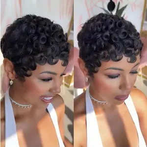Brazilian Real Human Hair Curly Wave Pixie Cut Wig with Bangs,180% Density Non-Lace Rose Net Cap, No Shedding & Tangles, Natural Look Hairpiece Glueless Easy Wear Human Hair Wig