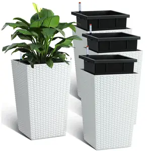 Self-Watering Rattan Planters Set of 4 – 16 Inch Tall Flower Pots with Water Level Gauge, Water-Saving Garden Containers for Indoor & Outdoor Use, Perfect for Home, Office, Patio and Balcony Decor – Black