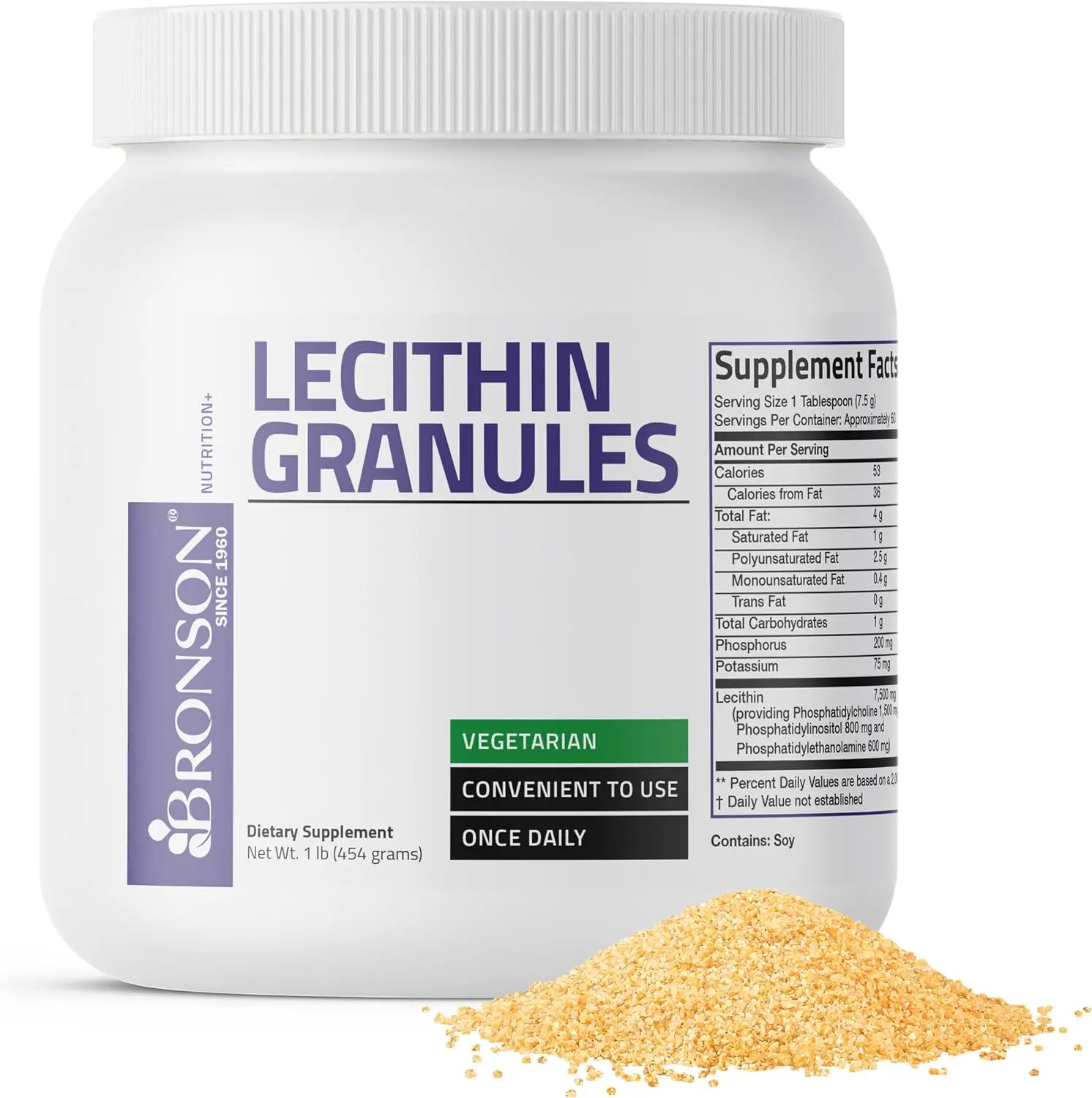 Bronson Lecithin Granules (Powder) 7500 MG, 1 Lbs (454 Grams, or 16 Ounces)